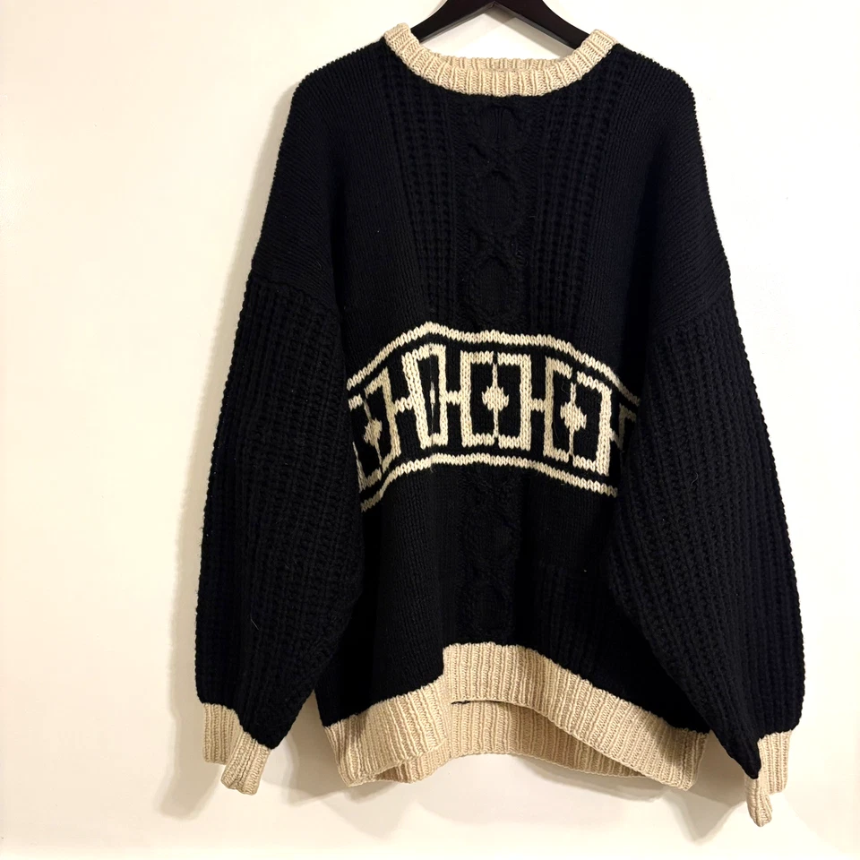 Suéter preto robusto pesado vintage GG Henry Grethel tricô manual 100% lã Shetland - Imagem 3 de 4