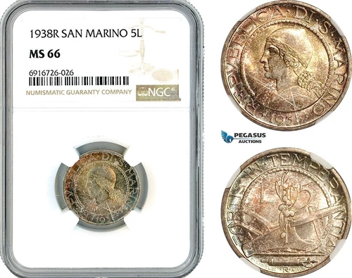 AK725, San Marino, 5 Lire 1938 R, Rome Mint, Silver, NGC MS66