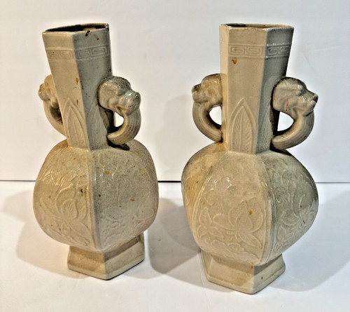 Pair Chinese Style Blanc De Chine Porcelain Lion Handle Hexagonal Vases 9.75"