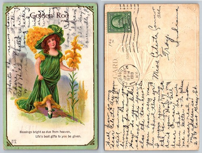 #ad 1919 Golden Rod Girl Postcard Louisville KY to Troy IN Floral Art $3.98