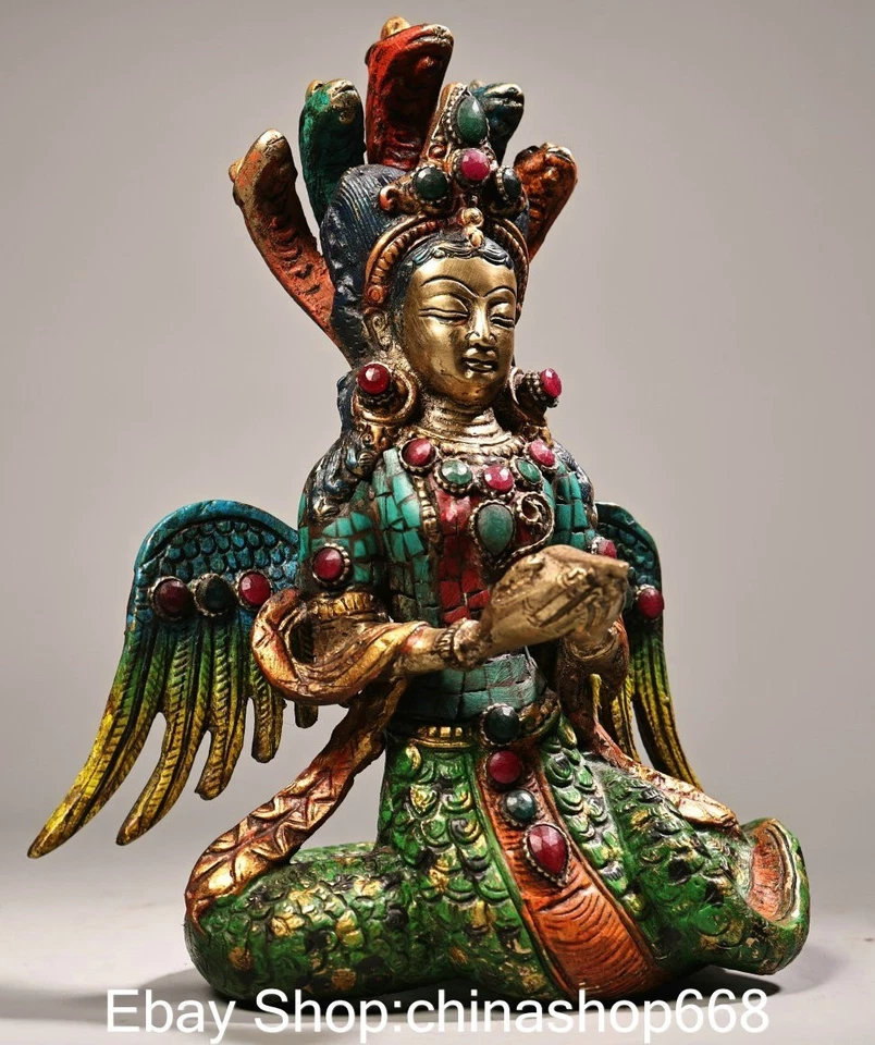 8.8" Antiguo Tibetano Cobre Turquesa Gemas 5 Cabezas Serpiente Naga Kanya Buda Estatua Foto 2 de 4