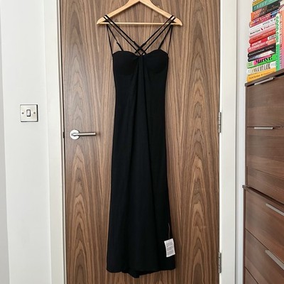 ASOS Maxikleid schwarz Brustnaht hinten offen Leinenmischung gekreuzte Träger Seitenschlitz 8 NEU