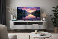 Piano Fluted Grey Mango Wood & Marble Curved TV Unit 115 x 45 x 45 cm