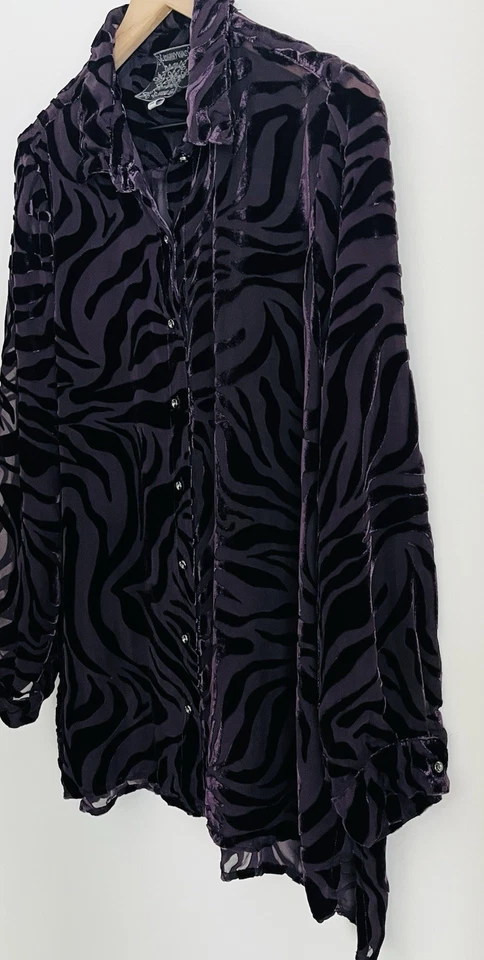 Top Johnny Was Jade Zado Berenjena Púrpura Seda Terciopelo Fluido Boho Estampado Cebra Talla L Foto 3 de 4