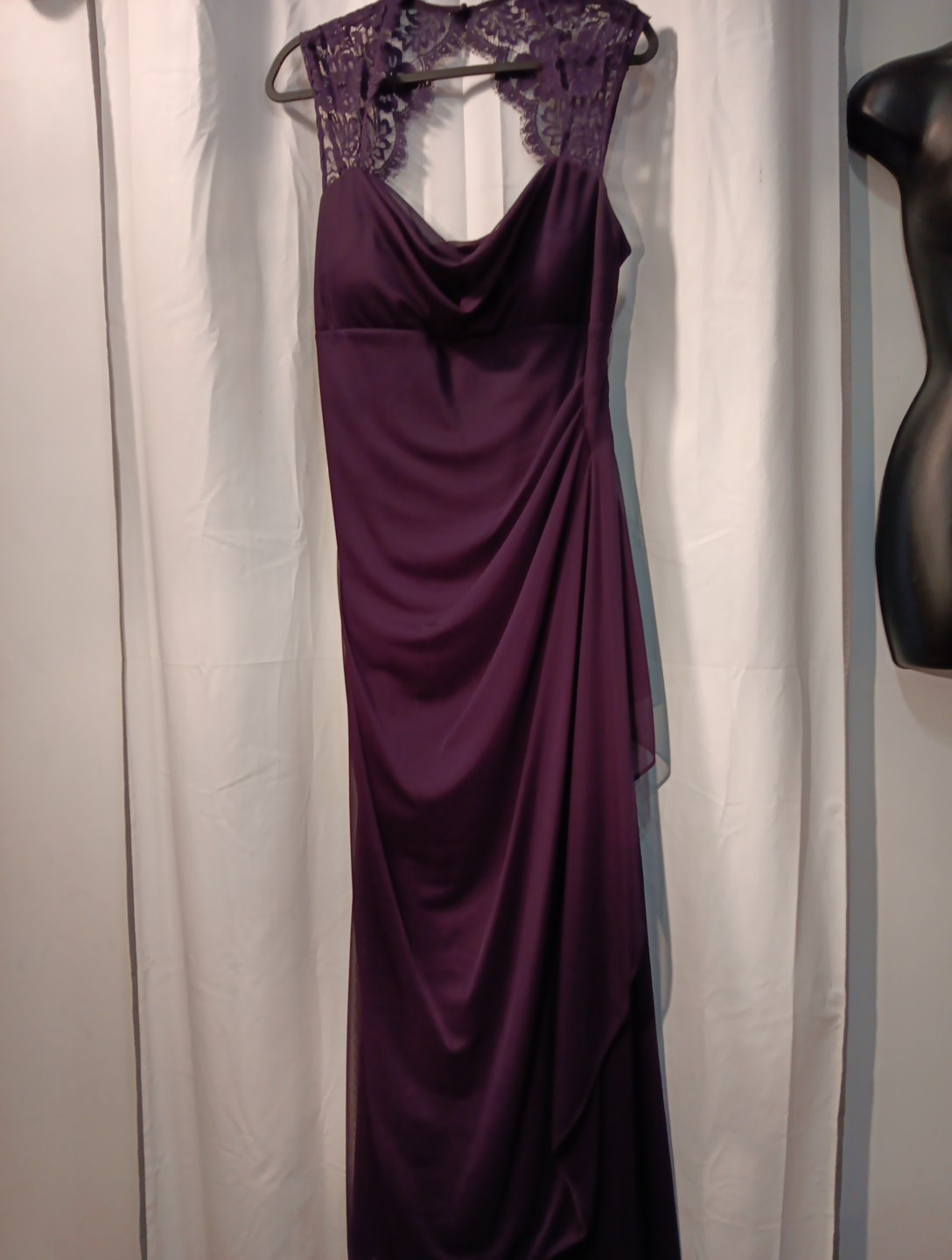 XSCAPE Joanna Chen Gown Dress Womens 16 Purple Lace Mermaid Pleats