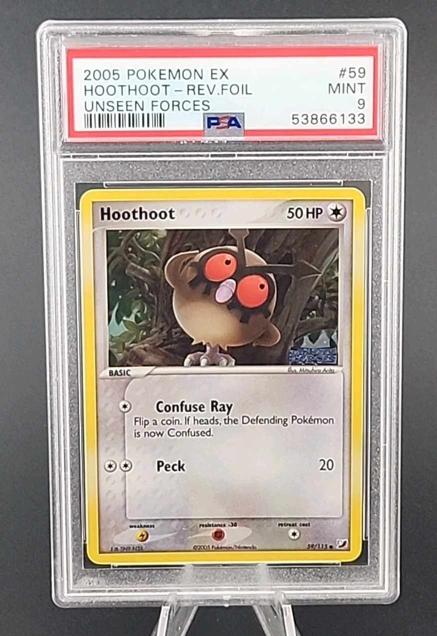 PSA 9 Mint 2005 POKEMON EX UNSEEN FORCES #59 Hoothoot REVERSE HOLO FOIL
