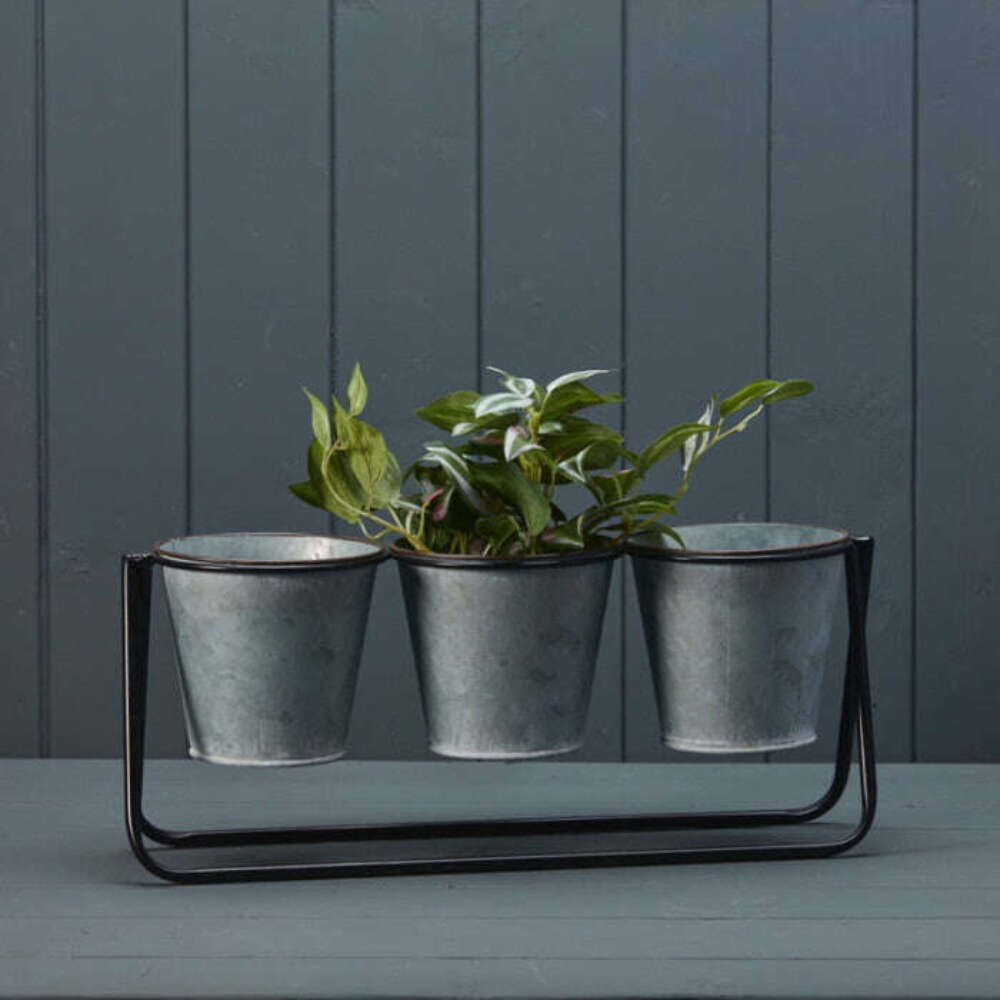Indoor Plant Pot with Stand: Trio of Metal Pots