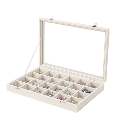 Jewelry Organizer Box, Beige Velvet 24 Grids Ring Earring Jewelry Display Tra...