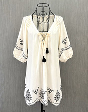 Primark Cares Womens White Embroidered V-Neck Tassel Tie Tunic Dress 10