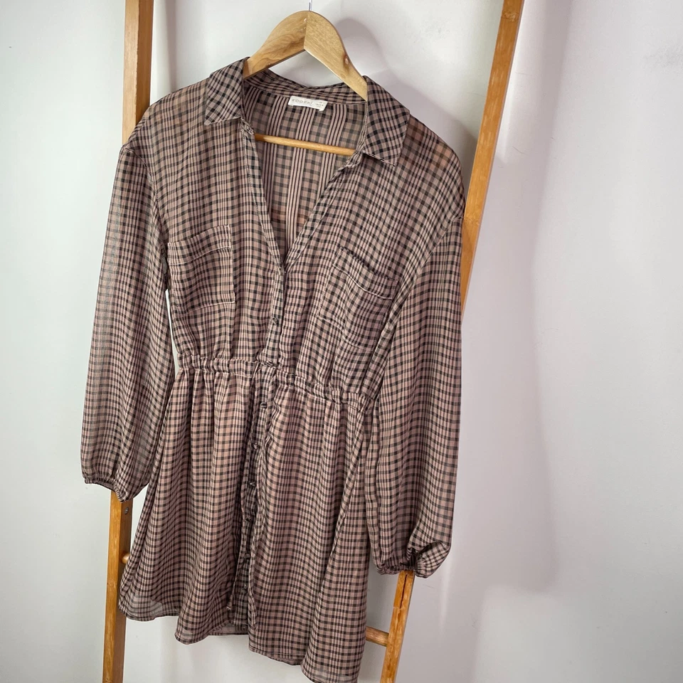 Kookai Shirt Dress Womens 36 Beige Black Check Knee Length Long Sleeve Button Up — 第 3/4 张图片