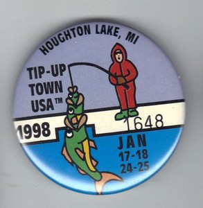 1998 TIP UP TOWN BADGE PIN PINBACK-MICHIGAN DNR DEER BEAR FISHING PATCH LICENSE