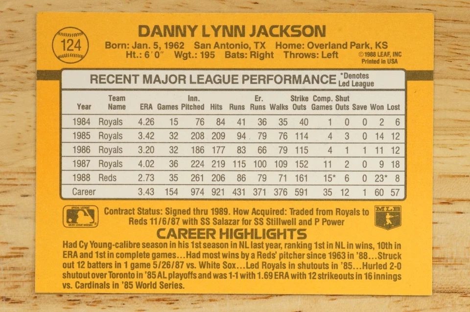 Danny Jackson Auto Autographed Baseball Card Cincinnati Reds 1989 Donruss #124 - Image 3 of 3
