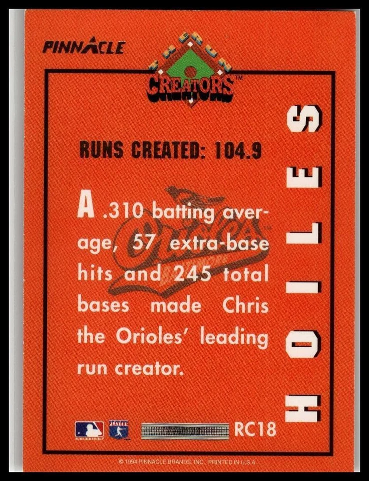 1994 Pinnacle #RC18 Chris Hoiles Run Creators - Image 2 of 2