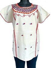 XLarge Mexican Red Embroidery Tunic, Hand Stitch Bird Woman Relaxed Blouse