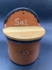 Red Brown Hanging Pottery Salt Crock Pig Cellar With Wood Lid Studio Signed