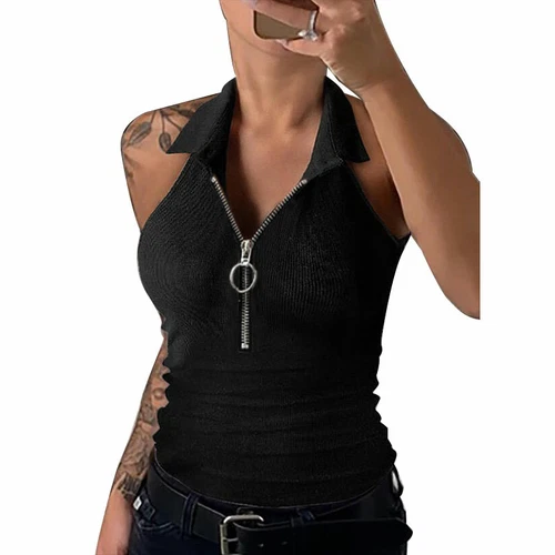 Women Summer Zipper V Neck Cami Vest Ladies Summer Blouse Tank Top T Shirt  - Imagen 11 de 19