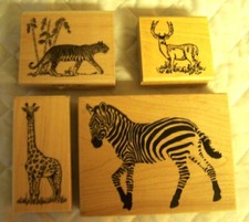 Rubber Stamp Lot of 4 Animals Giraffe Zebra Tiger Deer Buck