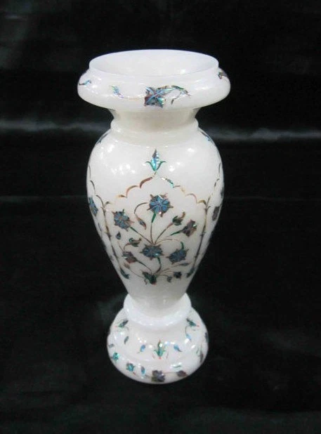 7" Marble Flower Vase Handmade Decorative Semi Precious Stone Insert Furniture