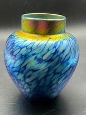 Amazing 4" Lundberg Studios Blue Mottled Iridescent Art Glass Sunset Mini Vase
