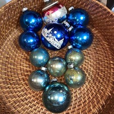 12 Vintage SHINY BRITE Christmas Tree Glass Ornaments Silent Stripes Blue Tones