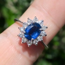 Classic 14k Solid White Gold Natural Blue Sapphire and Diamond HALO Ring Sz 6.5
