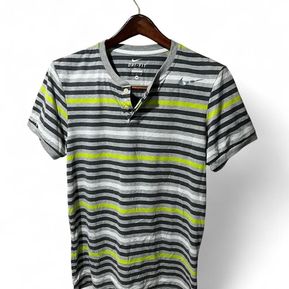 Grey and green striped Nike Dri Fit short sleeve Henley shirt
