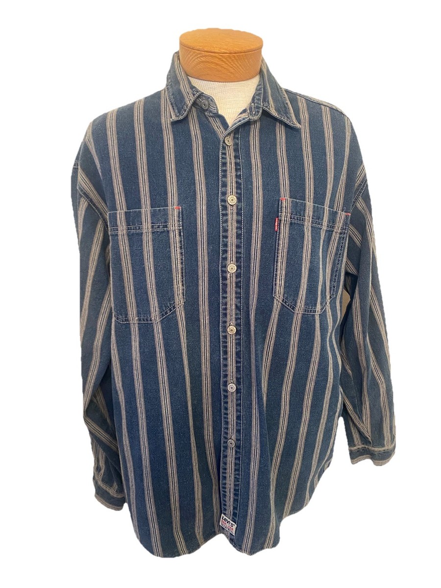 Vintage Levi's Blue Strip Denim Shirt Mens L Western Metal Button