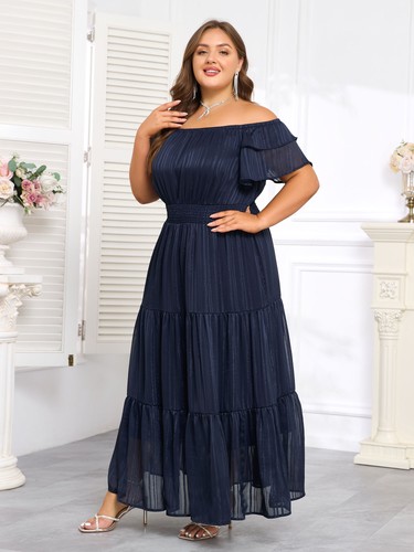 Curvy Women Off Shoulder Ruffle Maxi Dress Cocktail Evening Party Gown Plus Size - Picture 20 of 20