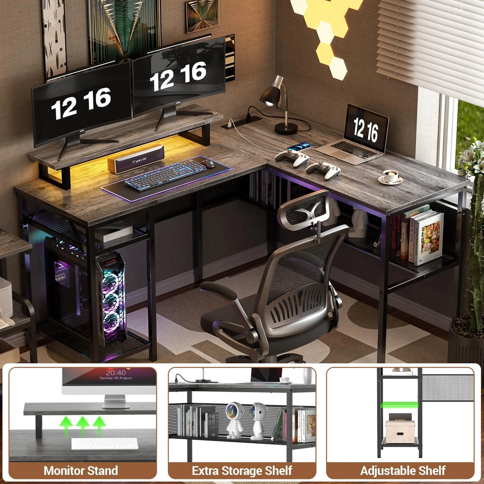 L Shaped Computer Desk with Magic Power Outlets and Smart LED Light, Reversib... - Image 2 of 4