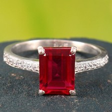 3.50Crt Emerald Cut Natural Ruby and Diamond Gemstone Ring 18K White Gold Plated
