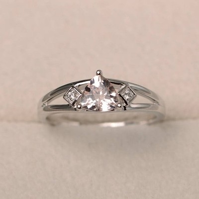 1.06 Ct Trillion Cut Morganite & Diamond Engagement Wedding Ring 14K White Gold