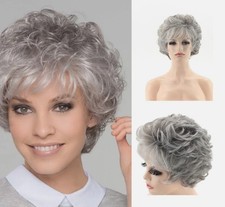 Short Gray Curly Pixie Cut Wigs with White Bangs for White Women Synthetic Wigs
