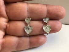 GRADUATED HEART DANGLING EARRINGS W/ LAB ACCENTS / 925 STERLING SILVER