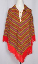 Vtg S.C. VIZCARRA Woven Multi-color Striped Lace Up Collared Cape Poncho Sz M
