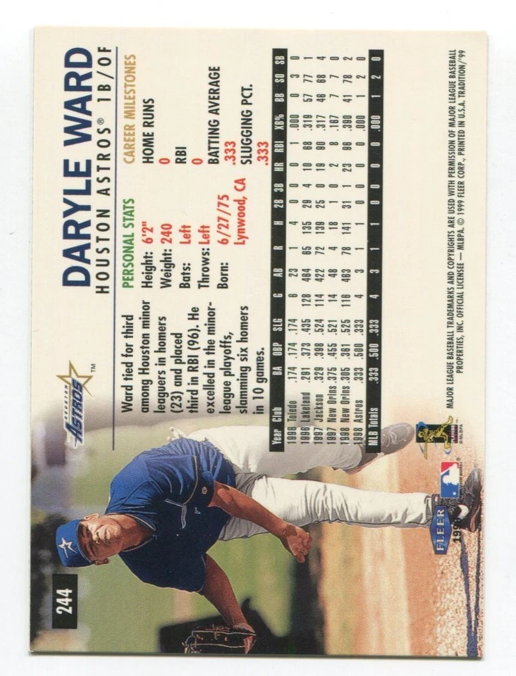 1999 Fleer Tradition Daryle Ward Signed Card Baseball MLB Autographed Auto #244 - Image 2 of 2