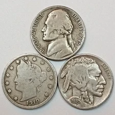 US COINS- Silver WW2 Nickel, Liberty Nickel, Buffalo Nickel- 3 Coin Set- NO JUNK