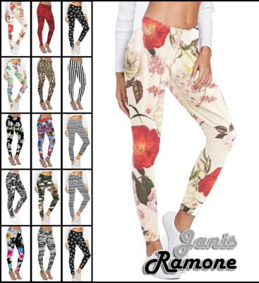 Damen Leggings bedruckt Sporthose dehnbar volle Länge Skinny Tanzleggings