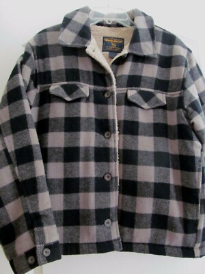 Woolrich Buffalo Plaid Jacket Coat Wool Women M Button Black Gray Fleece  Lined