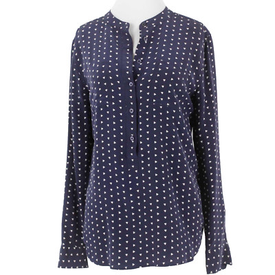 Equipment Femme Sz M Navy Blue Multi Pullover Button Tab Hi Lo Silk Top