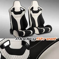 Universal Main Black+White Side PVC Leather Sport Reclinable Racing Seats Pair