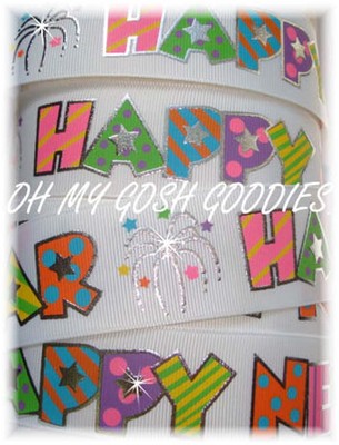 1.5 OH MY GOSH HAPPY NEW YEAR BLING SILVER FOIL GROSGRAIN RIBBON 4 HAIRBOW WHITE