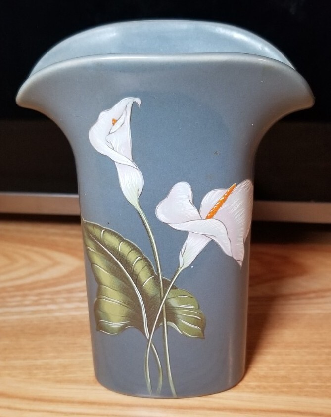 Vintage Yamaji Japan Mini Grey Porcelain Vase with Floral Lilly