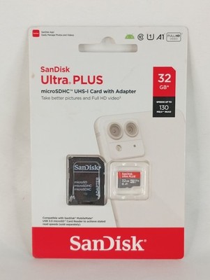 New Sealed Sandisk Ultra Plus MicroSDHC UHS-I Card w/ Adapter 32GB 130Mbp/s
