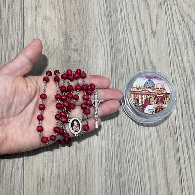 POPE LEO XIV ROSARY HANDMADE  Red Wooden Beads with Box Rosario Papa Leon XIV