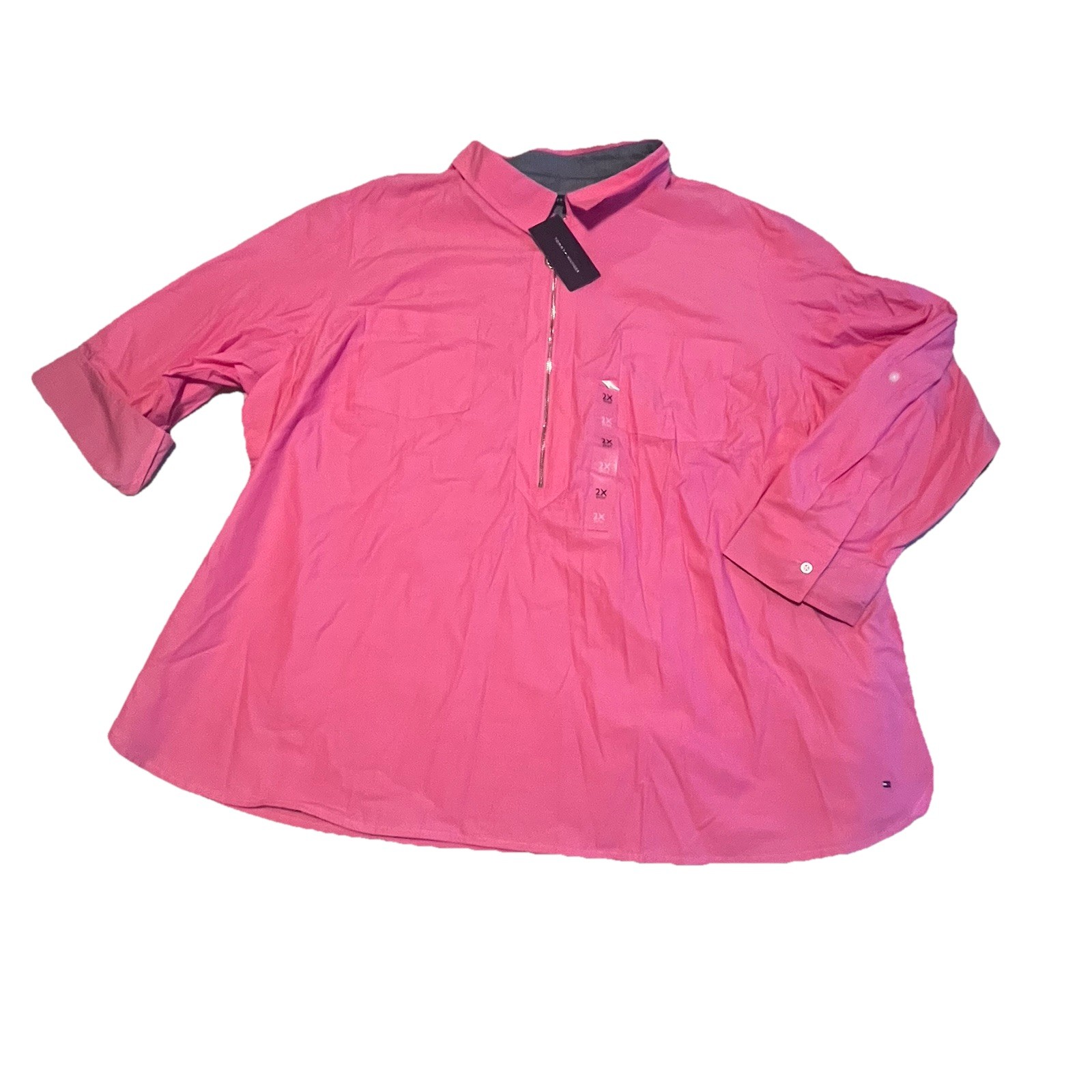 Tommy Hilfiger 2X Pink 1/2 Zip Roll Tab Sleeve Cotton Popover Shirt NWT XXL $79