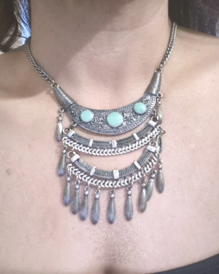 Collar Vintage - 2 Colores Aleación de Zinc Azul Turquesa Color Piedra Joyería Foto 3 de 4