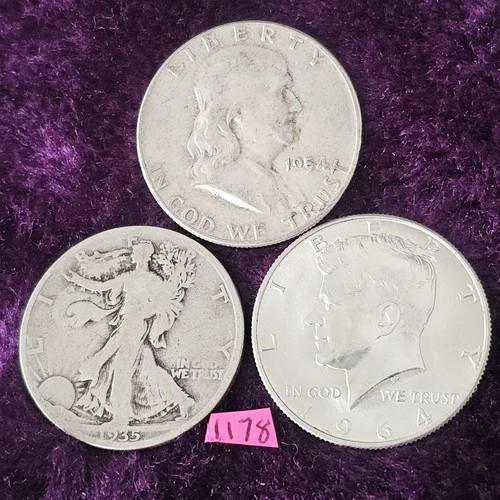 LOT of 3 🇺🇲🔥G-AU🔥1935-S Walking Liberty 1954 1964-D Silver Half Dollars 1178