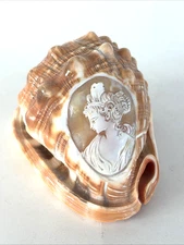 Hand Carved Conch Cameo Seashell Shell Woman Portrait 4x3"