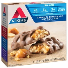 Atkins Caramel Chocolate Nut Roll Bars Low Sugar High Fiber Protein Snack 5ct