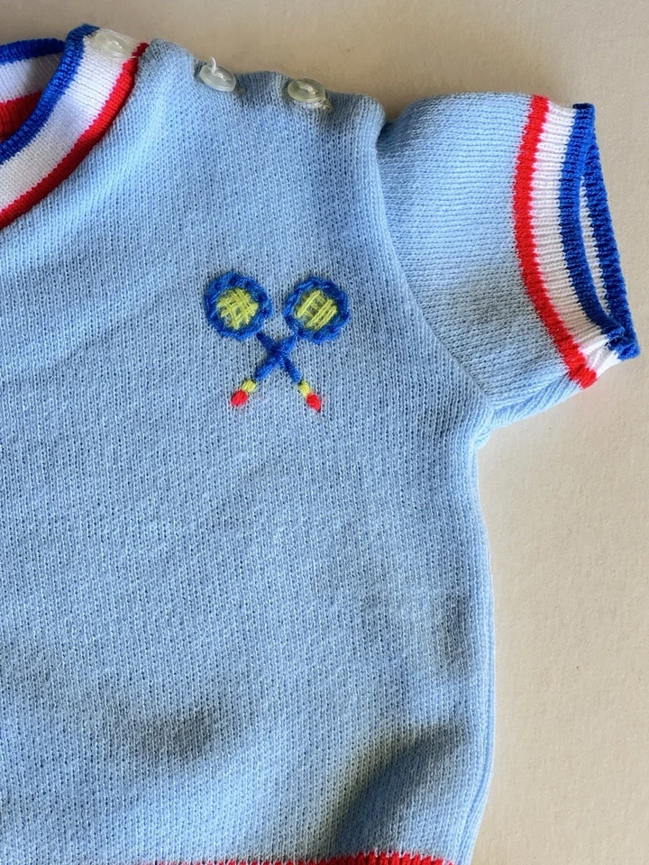 Vintage Soft Spun Baby Infant Clothes Blue Tenis Knit Shorts Set 12 Months Japan - Image 3 of 4